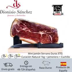 Mini Jamón Serrano Duroc Certificado ETG 1kg Curación Natural Especial Tapas Aperitivo + Regalo Jamonero y Cuchillo Hecho en España Buen Punto de Sal, Buena Curación, Buen aspecto
