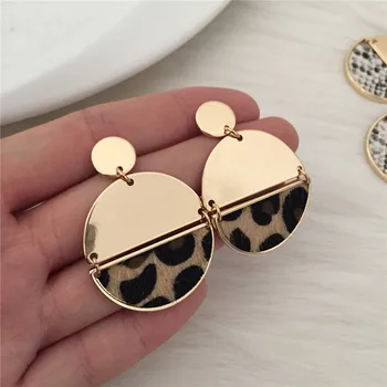 

New Fashion Half Round Disk Linked Drop Earring Gold Color Leopard/Snake Skin Print Drop Earrings for Chic Women