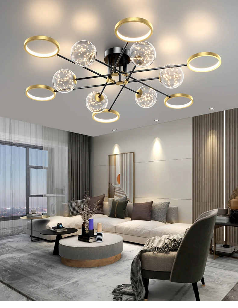 Modern Gold LED Chandelier For Living Room Bedroom Dining Room Indoor Design Ceiling Lamp Stars Glass Ball Remote Control Light pottery barn chandelier