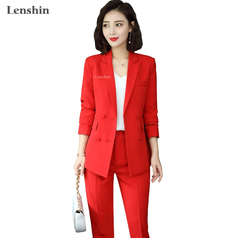 Lenshin, высокое качество, комплект из 2 предметов, Двубортный повседневный брючный костюм, Блейзер, Модный женский дизайн, Женский мягкий пиджак и брюки