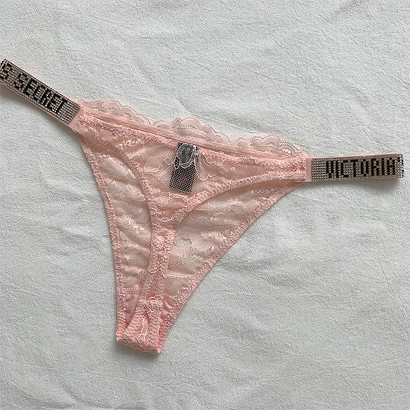 Victoria's Secret Sexy Thong Seamless Underwear Rhinestone Lace Pantie  Transparent Lace Low Waist Lady Briefs G-string Lingerie