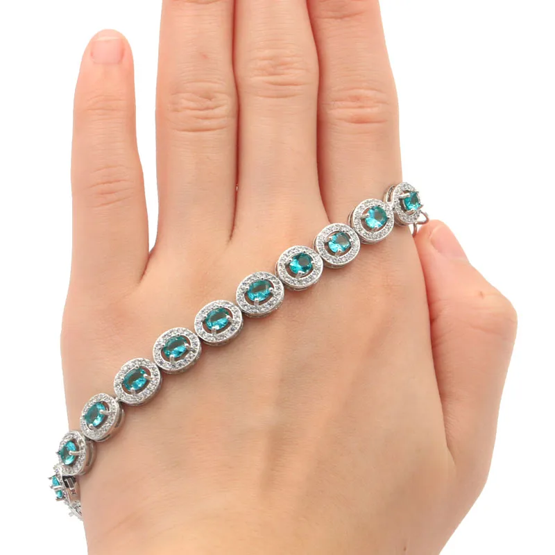 

10x8mm SheCrown Created Rectangle Rich Blue Aquamarine White CZ Gift Silver Bracelet 8.0-9.0INCH