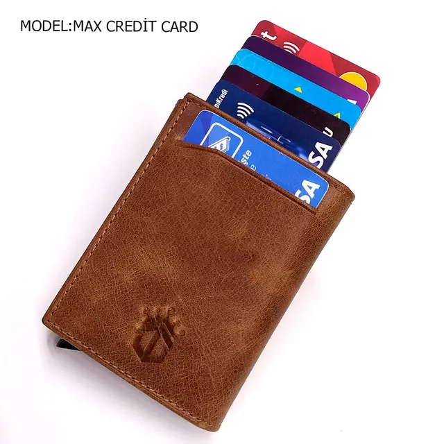 Smart Wallet Business Card Holder Real Cow Leather Handmade Smart Automatic Card Holder Men Gift Max Credit Card Tan