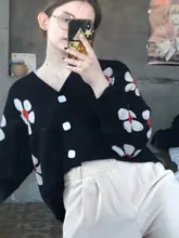 Estilo Preppy de punto con flores Cardigans suéter mujeres cuello en V suelto elegaht Thicked Pull Femme imprimir abrigo corto Casual