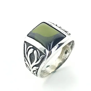 

Baguette Green Opal Stone Simple Polite Silver Men 'S Ring