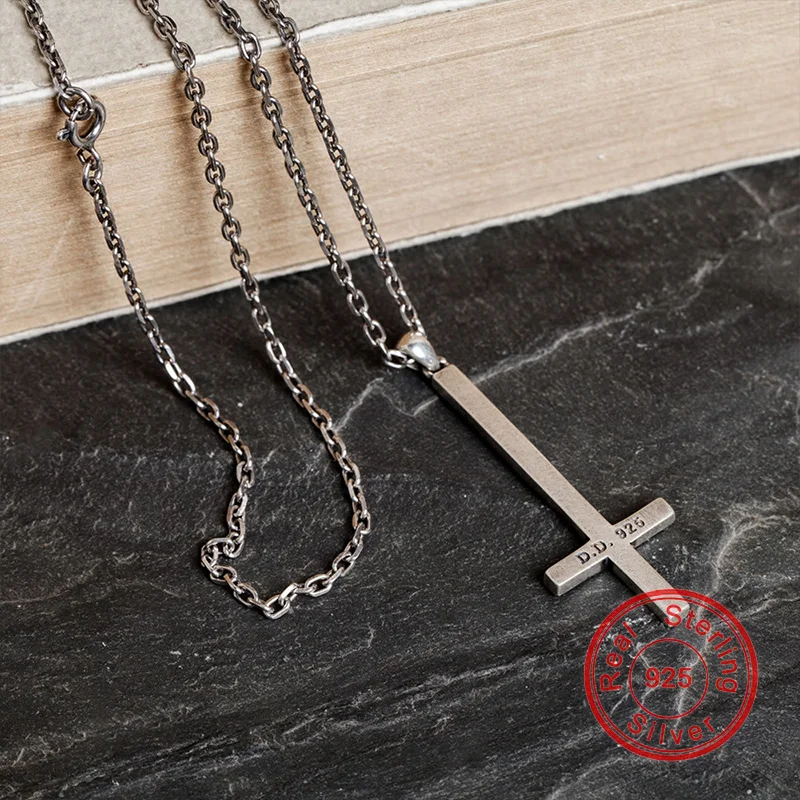 New 100% 925 Sterling Silver Cross Pendant Necklace For Men Women Vintage Gothic Satan Inverted Devil Simple Jewelry Gift Party