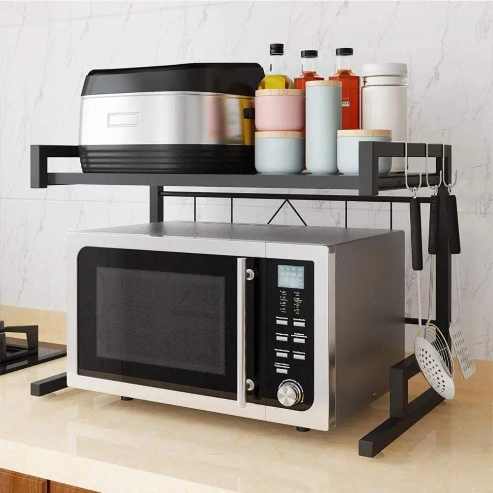 Estante extensible de acero al carbono para microondas, ganchos colgantes multifuncionales, estante para horno