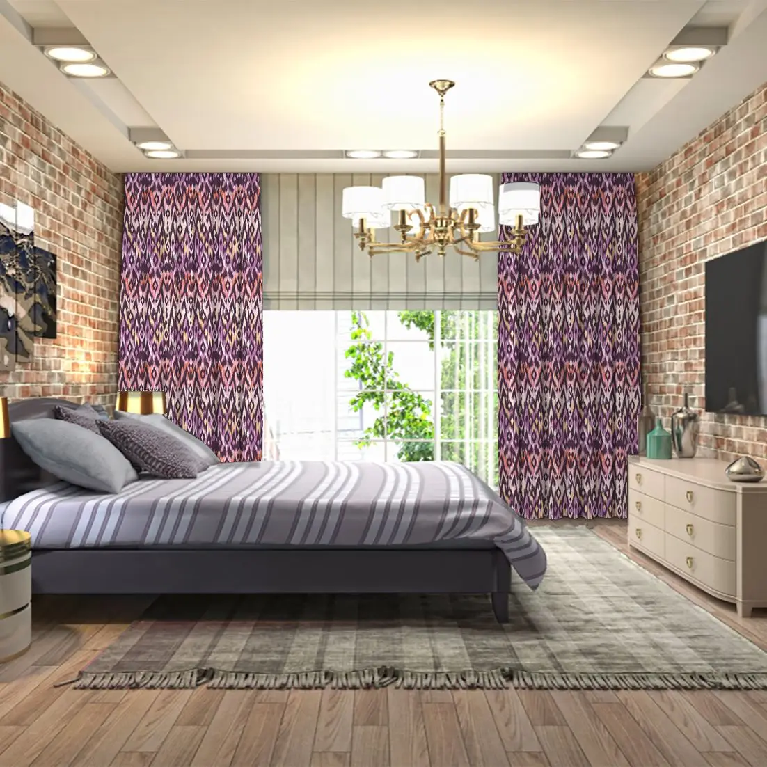 Ikat узор традиционная этническая ткань дизайн фиолетовый коричневый оранжевый бохо стиль Декор шторы