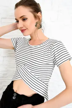 

Trend Alacati Style Women Black Bicycle Neck Striped Crop Top Blouse ALC-X3888