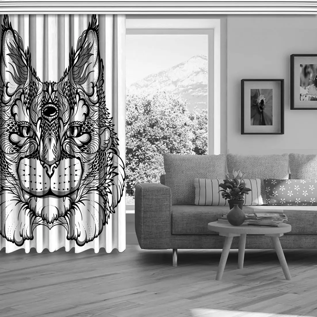 Кошка Рысь голова дикая природа животный мир декоративный Zentangle Печатный Черный Белый занавес