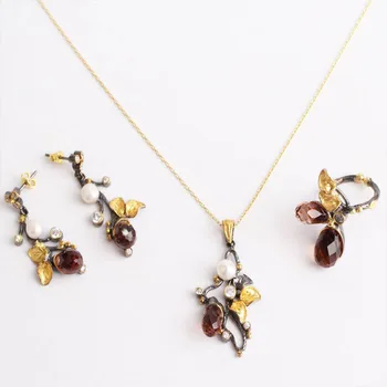 

Drop Zultanite Jewelry Set Gold Plated, Woman Delicate Silver Zultanite Ring+Necklace+Earrings, Handmade Woman Silver