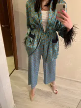 Chaqueta Kimono con estampado azul para mujer, trajes con mangas de plumas, pantalones de pierna ancha, ropa Vintage de dos piezas, novedad de 2021