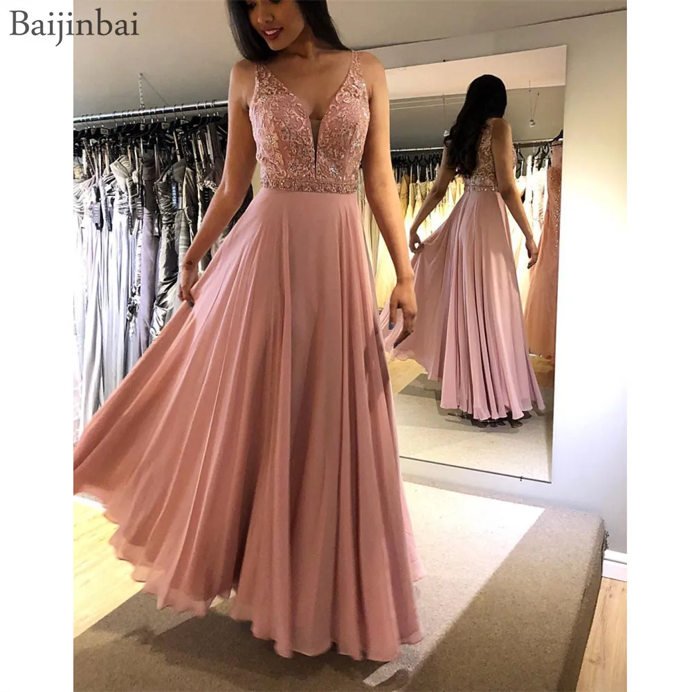 

Baijinbai Chiffon V-neck Evening Dresses Long Lace Appliques A-line Prom Dress Women Crystals Party Gowns robe de soiree Zipper