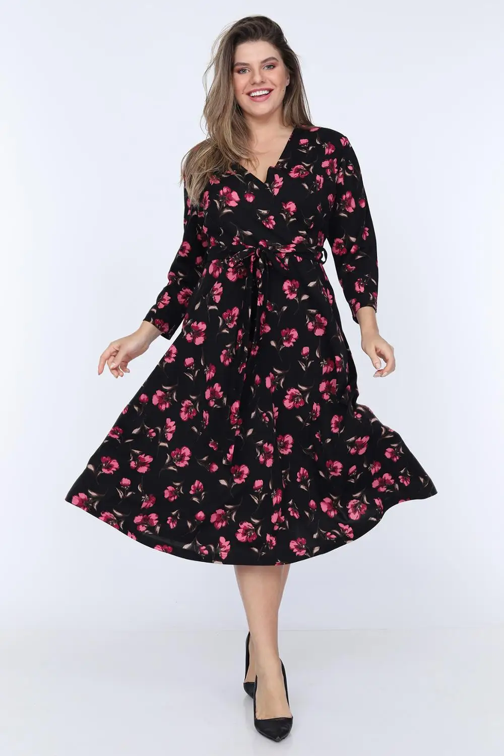 

Women's Plus Size Three Quarter Sleeve Flower Pattern Double Breasted Dress Dirty Pink 1578