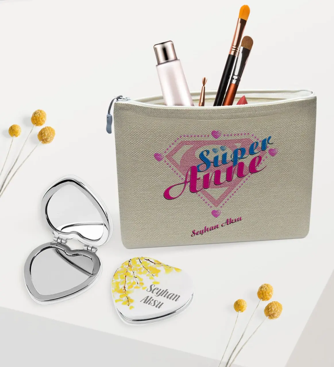 Personalized Super Mom Linen Makeup Bag and Heart Mirror Gift Seti-2 | Дом и сад