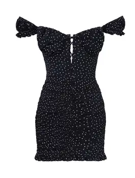 

TheElsa Black and White Polka-dot Shirred Mini Sexy Dress, Woman Different Frilly Dress,2020