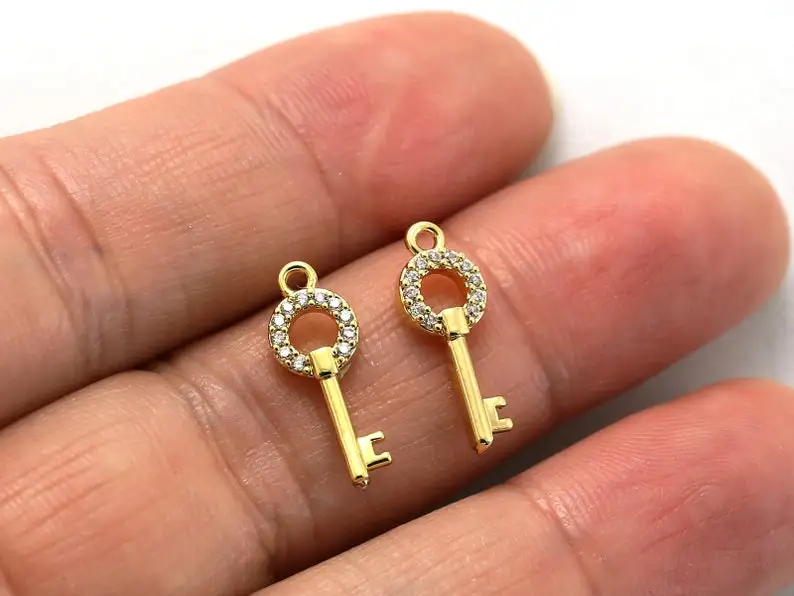 

10pcs Tiny key charm, Huggie hoop earring charms, Earring findings, Cubic zirconia, bracelet pendant, Real 14K gold plated G046