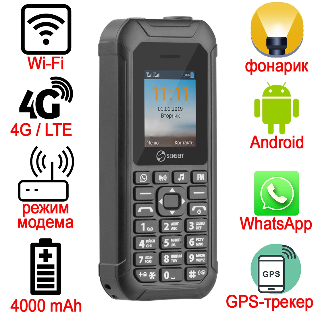 Phone Cheap SENSEIT L250 Mobile Push Button Cell Russian Keyboard 2 SIM PowerBank Function 4000mAh Android WhatsApp WiFi Flashlight Bluetooth GPS