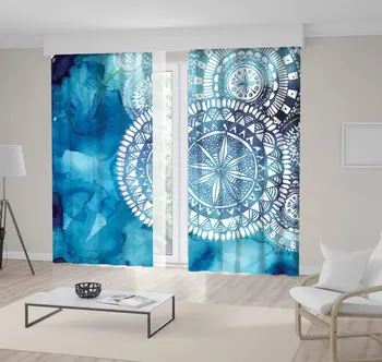 

Curtain Mandala Round Doodle Pattern Tribal Design Watercolor Brush Wash Style in Blue and White Art