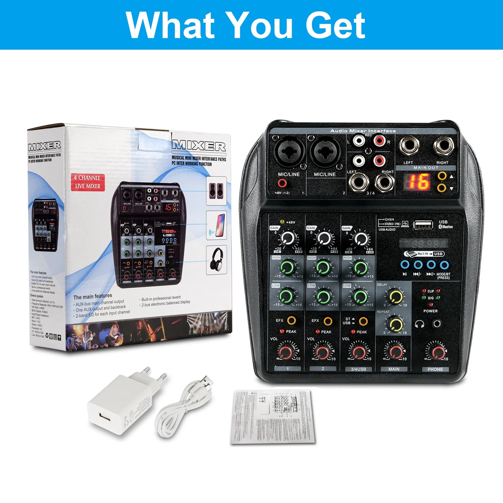 4 Channel Mixing Console USB Bluetooth Sound Table Audio Mixer Record Computer Delay Repaeat Effect Adapter 48V Phantom Power headphones with mic Microphones