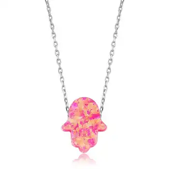 

925 sterling Silver Pink Opal Fatma Hand Lady Necklace