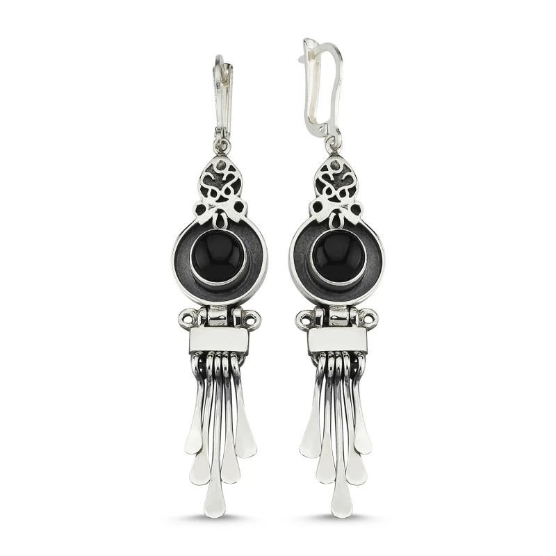 

Silver 925 Sterling Onyx Gemstone Dangle Hand Handwork Earrings