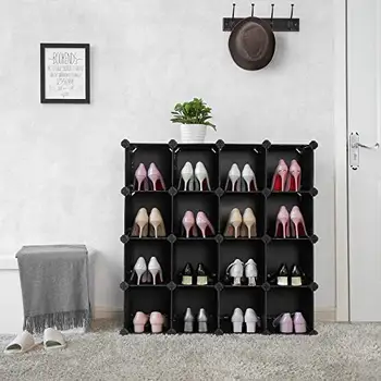 

16-cube DIY plastic shoe rack interlocking modular storage shelf organizer wardrobe black LPC44H
