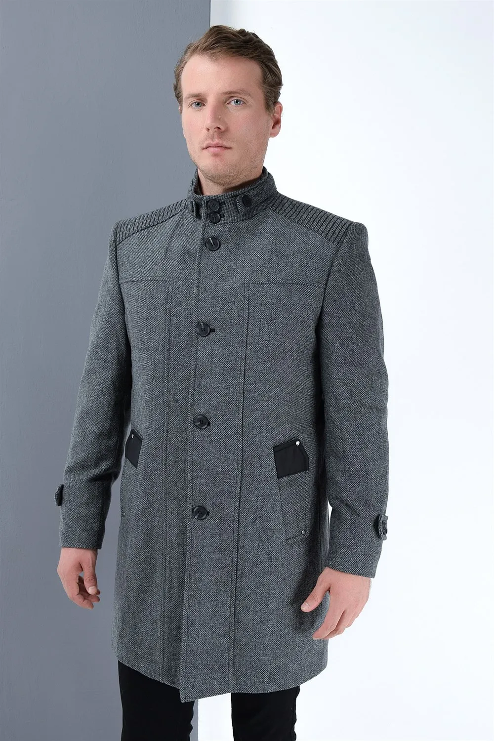 PLT8385 Пальто DEWBERRY-серый с рисунком