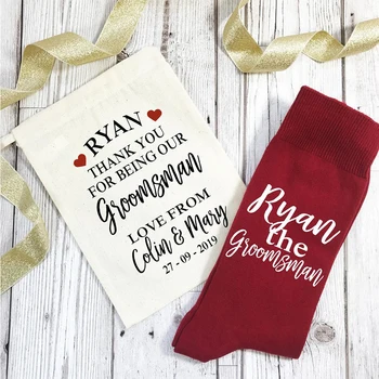 

Personalised Name Groomsman wedding gift cotton socks&bag, Custom Name Groomsman gift set,Thank You For Being Our Groomsman