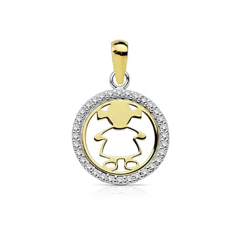 

Pendant two-tone gold 9k 13mm. Center detail smooth girl openwork fence round zircons