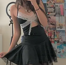 Mini Skirts Outfits Lace A-Line Pleated Patchwork Streetwear Goth-Dark Black High-Waist