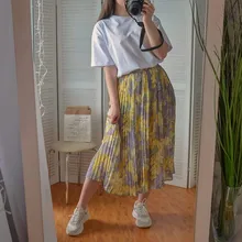 REALEFT-faldas largas plisadas con estampado Floral para mujer, faldas largas de tul, de cintura alta, sueltas, para primavera y verano, 2021