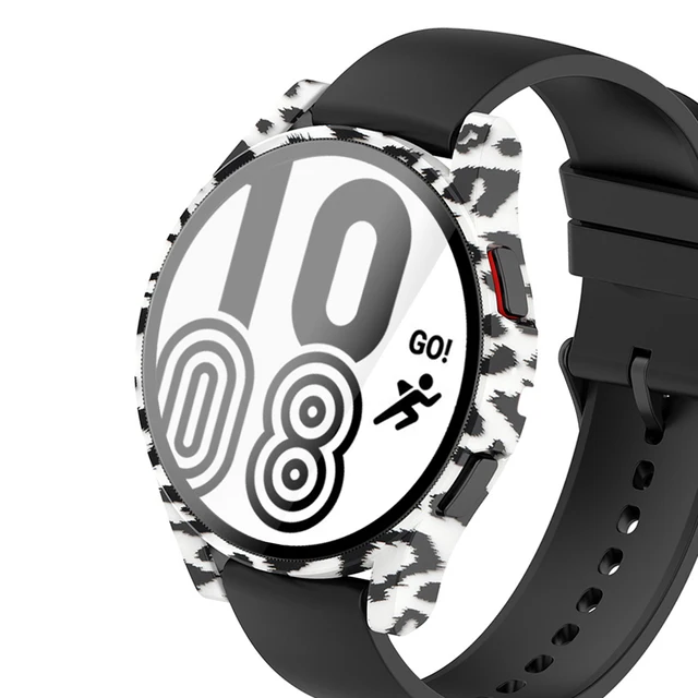 Case for Samsung Galaxy Watch 4 44mm 40mm Full Coverage Bumper Case with Tempered Glass Protective Cover Screen Protector White Leopard