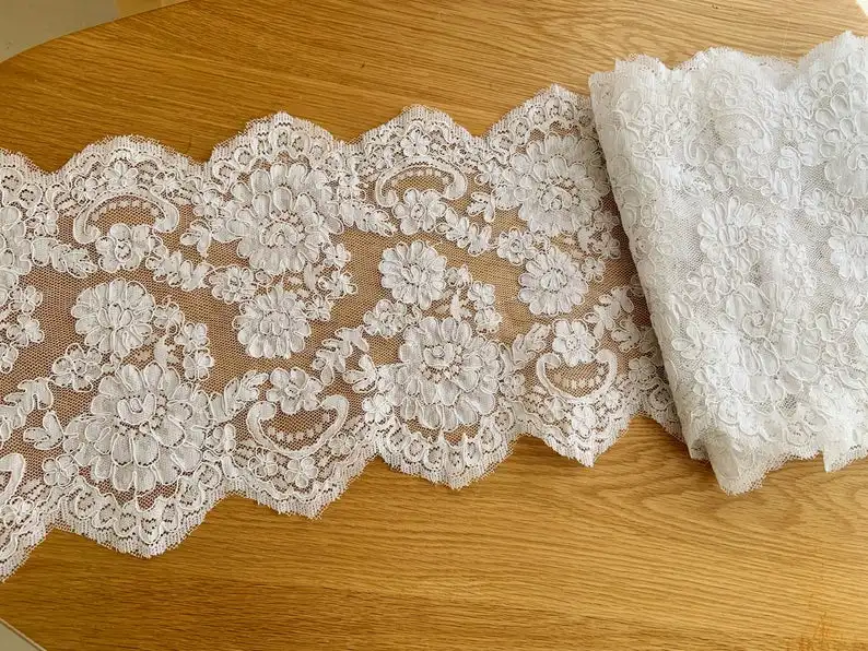 

3 ярда, белая жаккардовая кружевная отделка с двойной вышивкой, свадебная кружевная отделка с фестонами и цветочным узором, кружевная отделка