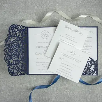 

50/100 Cards Navy Blue White Laser Cut Wedding Invitation Cards Business Greeting Card With RSVP Cards Party Supplies Decor