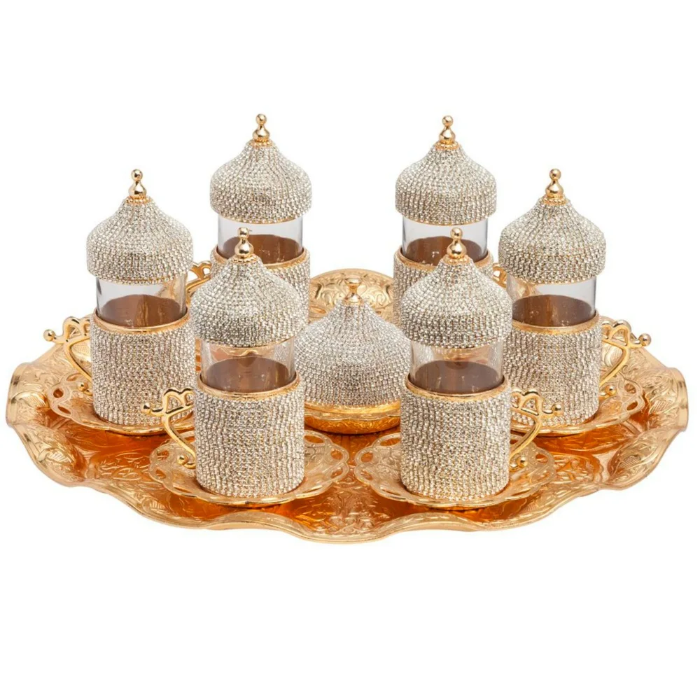 

(Set of 6) Handmade Turkish Tea Glasses Set, with Plate Decorated with Swarovski Type Crystal and Pearl 27 Pieces