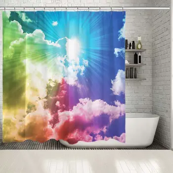 

Shower Curtain Sunlight Bursting Through Clouds Magical Nature Sunny Day Sky Photo Blue Pink Green