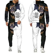 

Men Fashion Cool Lion Graphic Printed Tracksuit Long Sleeve Zipper Hoodie Trousers Set Plus Size
