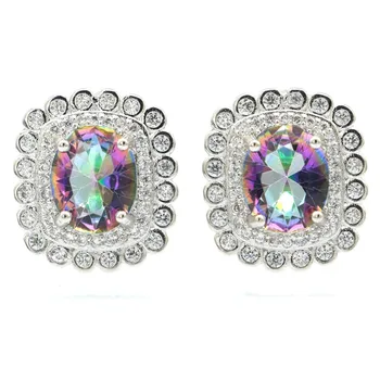 

18x15mm Beautiful Created Square Shape Fire Rainbow Mystic Topaz Zircon Gift For Girls Daily Wear Silver Earrings