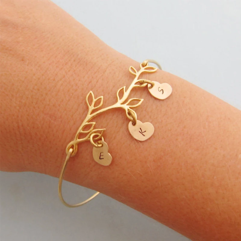 

Personalized Family Tree Bracelet with Hand Stamped Initial Heart Charms Best Gift For Mom