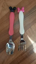 Juego de tenedor cuchara de seguridad de acero inoxidable para bebé, 2 uds., cubiertos de alimentación para niños pequeños, ratón de dibujos animados, vajilla MBG0359