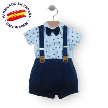 

Two piece set for baby boy with shirt and short pants with braces and bow, Blue color. Summer collection 2020