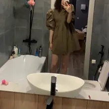 Mini Dress Lantern Short-Sleeve OOTN A-Line Pink Elegant Green Cotton Casual Women Ladies