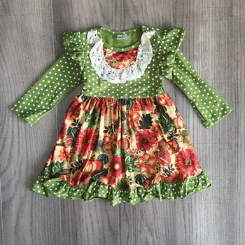 

children girls fall/winter dress girls Halloween dress girls pumpkin floral lace dress