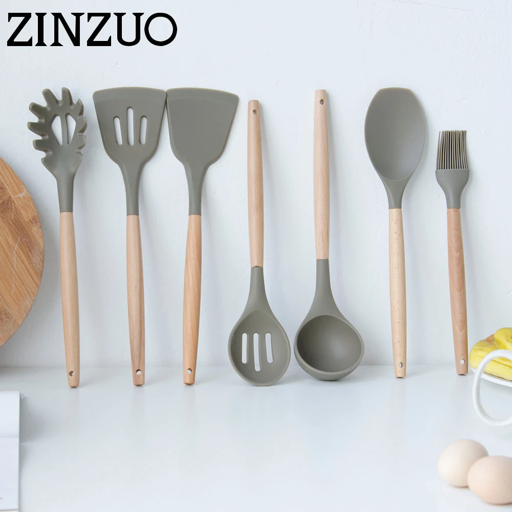 ZINZUO Silicone Spatula Heat-resistant Soup Spoon Non-stick Cooking Shovel Set Solid wood long handle Kitchen Tools 6/7 pcs | Дом и сад