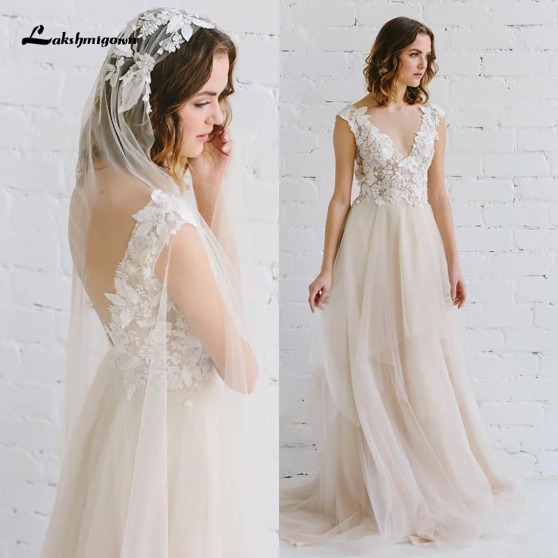 

Lakshmigown Lace A Line Wedding Dresses with 3D Decor Nude Wedding Gown with Deep V Neckline and Open Back robe de mariee