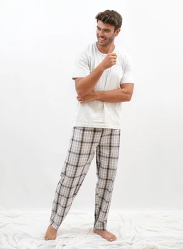 

Babelo Homewear-cool men's pajamas 100% check cotton✨-Short-sleeved men's pajamas and long trousers