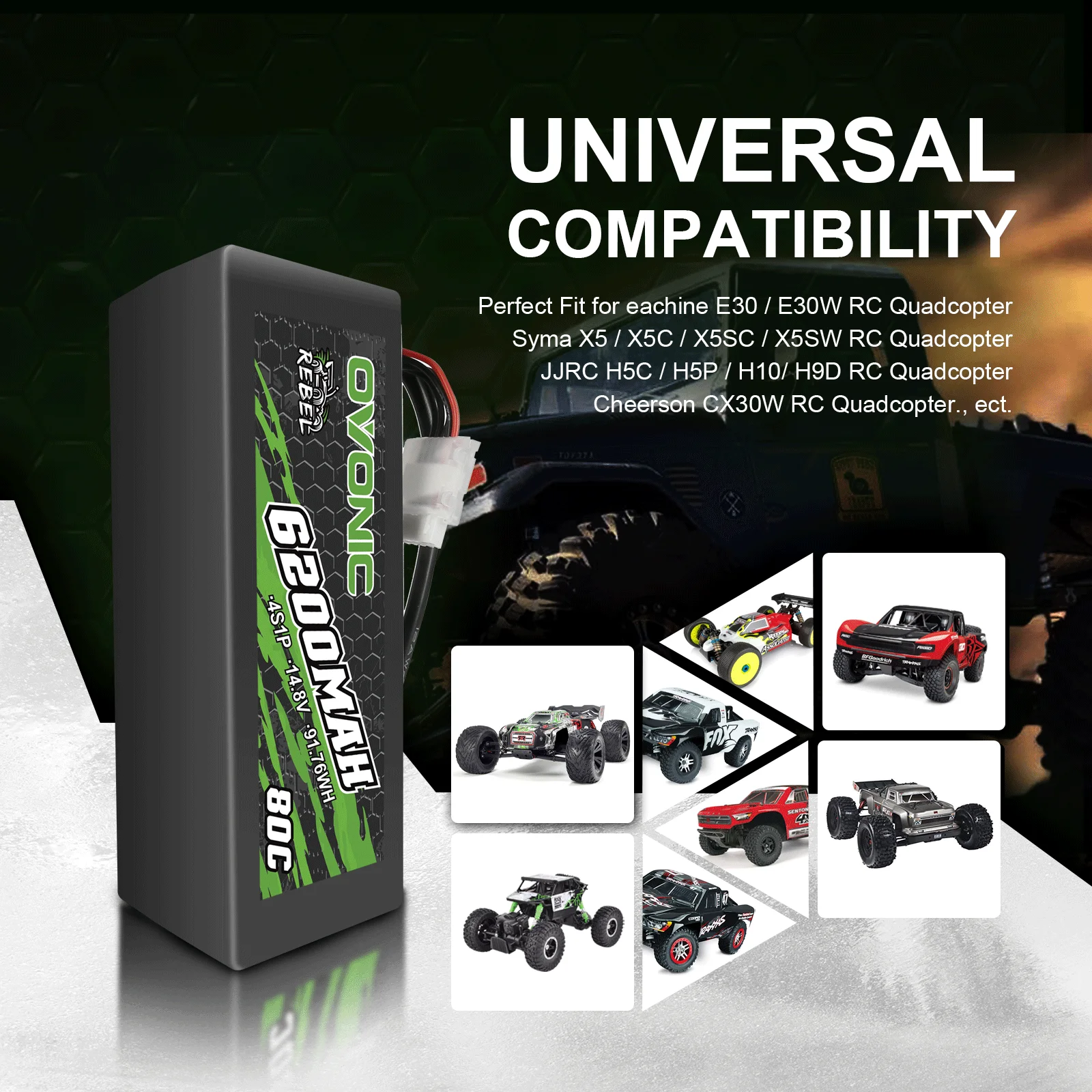 OVONIC 4S 6200mAh 80C Lipo Battery With EC5 Connector - 14.8V For Arrma RC Cars (2-Pack)