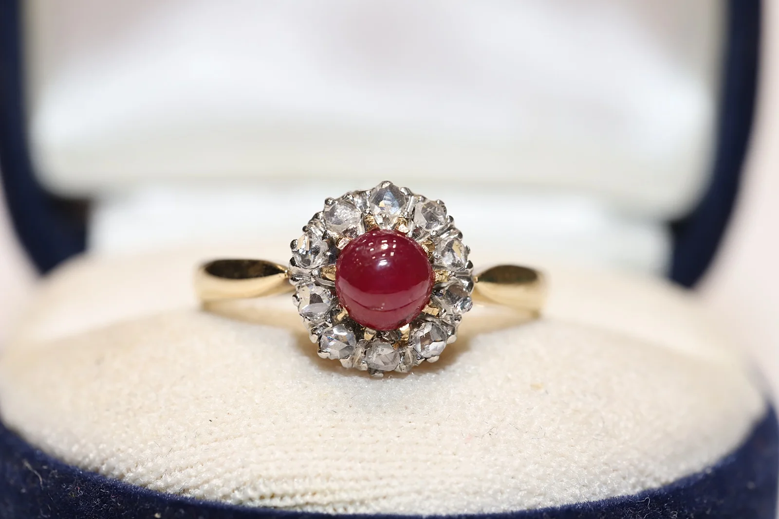 

Antique Original 18K Gold Natural Rose Cut Diamond And Ruby Decorated Pretty Ring