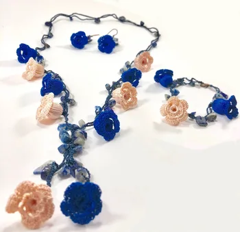 

Turkish Oya Crochet Blue Roses Jewelry Set with Natural Stones Necklace & Bracelet & Earrings Handmade Hand Knitted Boho Jewelry